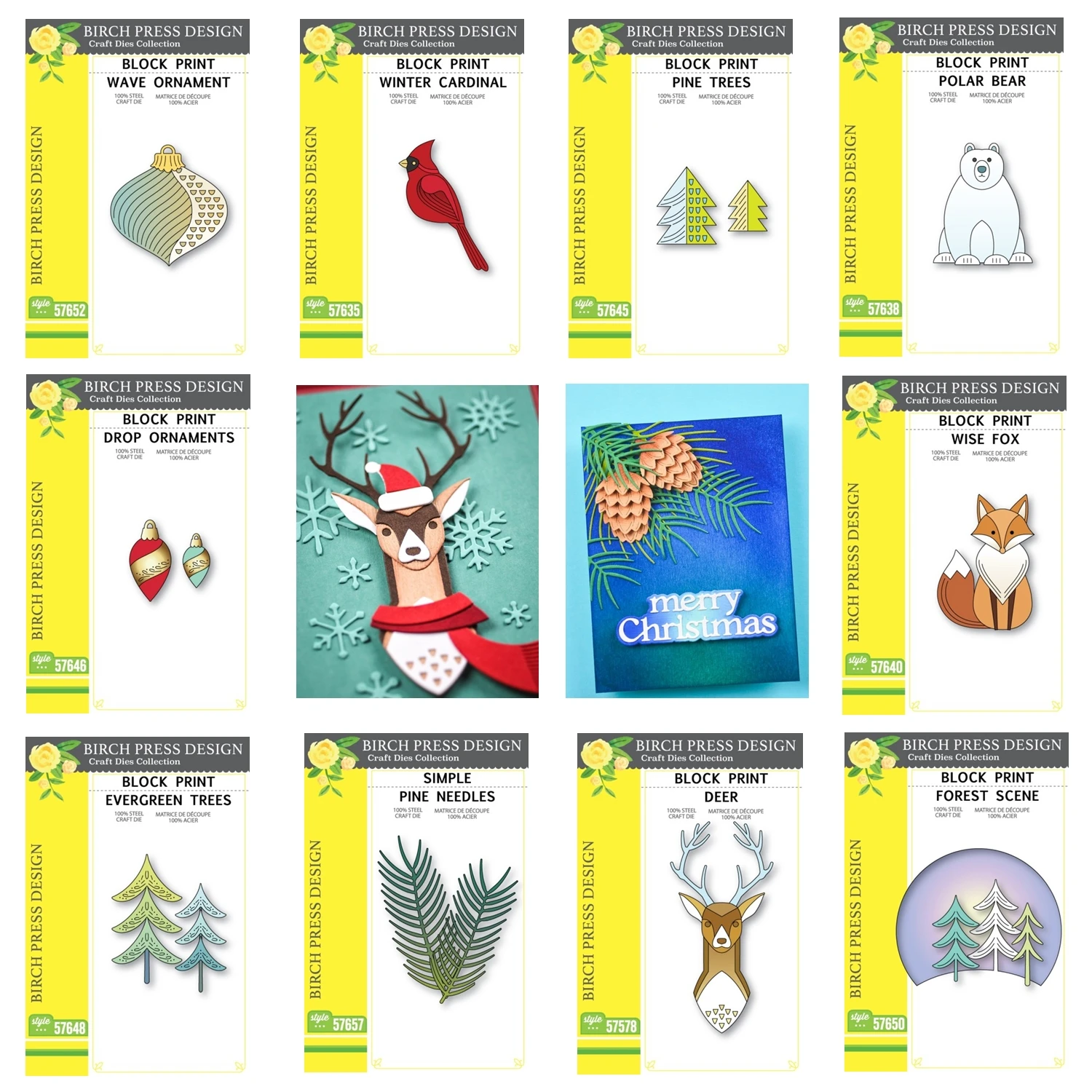 

2025 Birch Press Design Chirstmas Block Print Deer PineconeCardinal Penguin Fox Pine Cutting Dies Scrapbooking For Card Craft