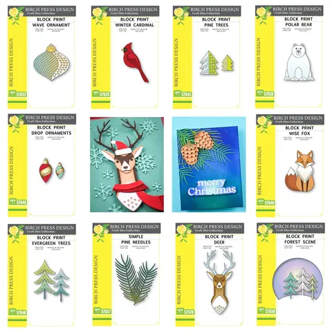 2025 Birch Press Design Chirstmas Block Print Deer PineconeCardinal Penguin Fox Pine Cutting Dies Scrapbooking For Card Craft