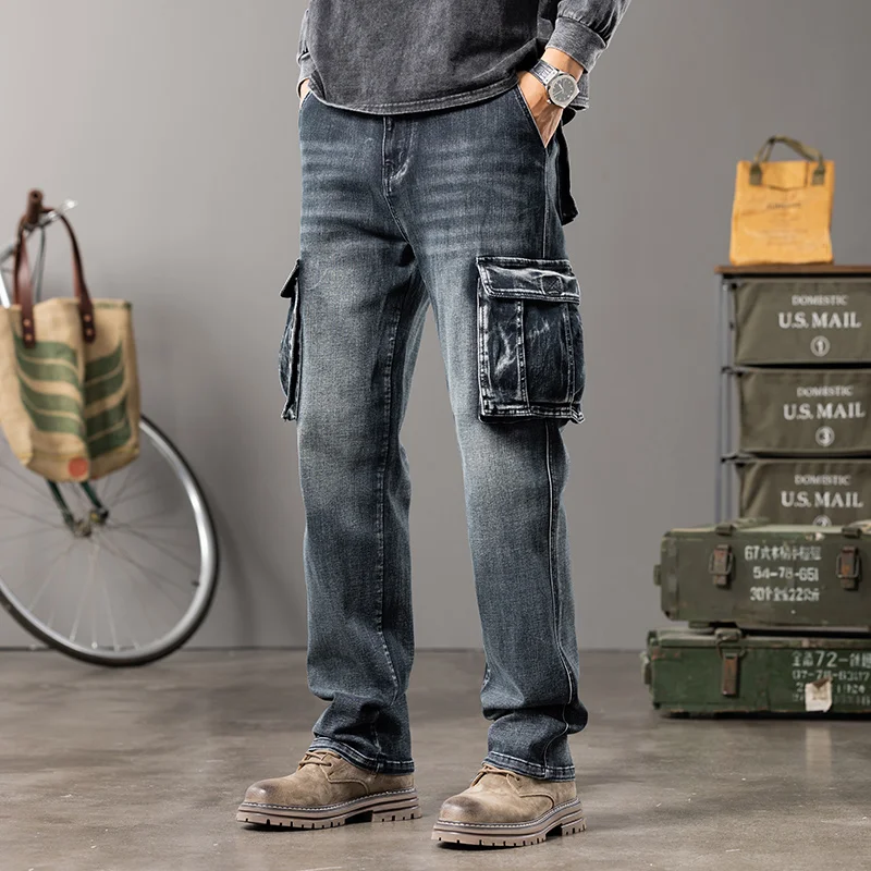 American retro autumn and winter men's straight loose oversized wide leg workwear with multiple pockets jeans cargo pants men