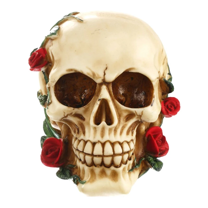 

Human Skull With Rose Resin Statue Small Size Head Sculptures Skull Collectible Figurines Durable Easy Install