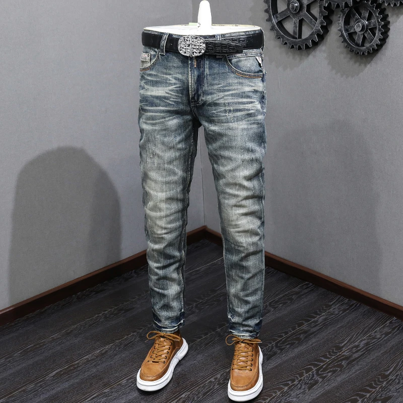 Novo designer de moda jeans retro azul estiramento magro ajuste rasgado calças jeans dos homens elásticos do vintage casual denim calças hombre