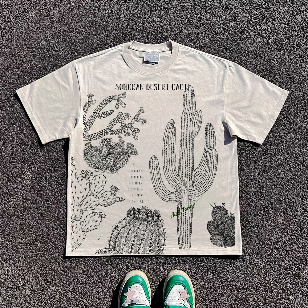 

Heavier Weight 260G American Retro Cactus Atmosphere Loose Short Sleeve T-Shirt by Wang Studio Cotton Material