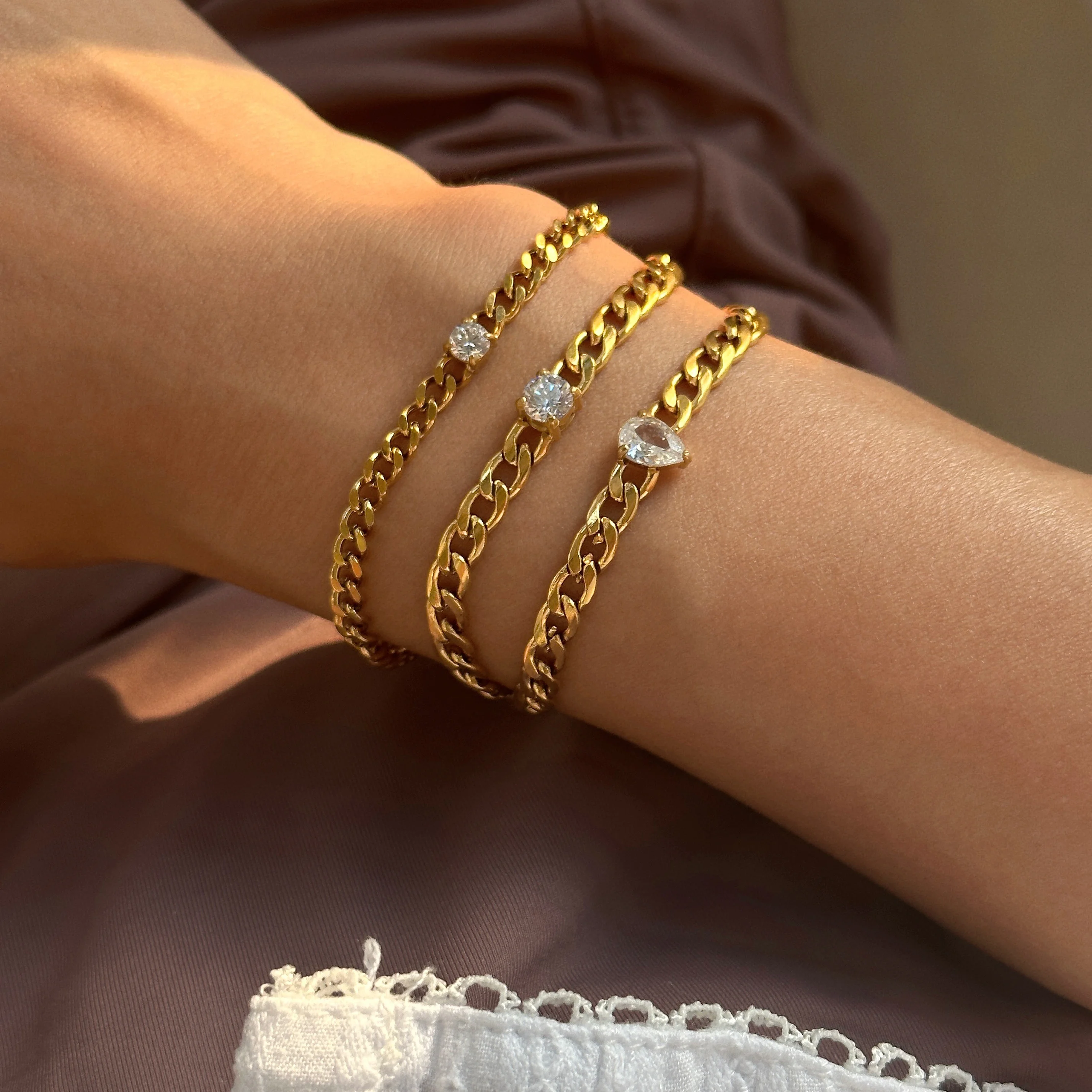 

DASEIN 18k Gold Plated French Teardrop Zircon Cuban Chain Bracelet Set Super Shine Stainless Steel Accessories Vintage Jewelry