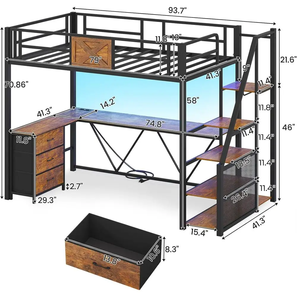 Twin Size Metal Loft Bed with L-Shape Desk, Wardrobe, Storage Stairs, 3 Drawers, LED Lights, Charging Station, Rustic Brown