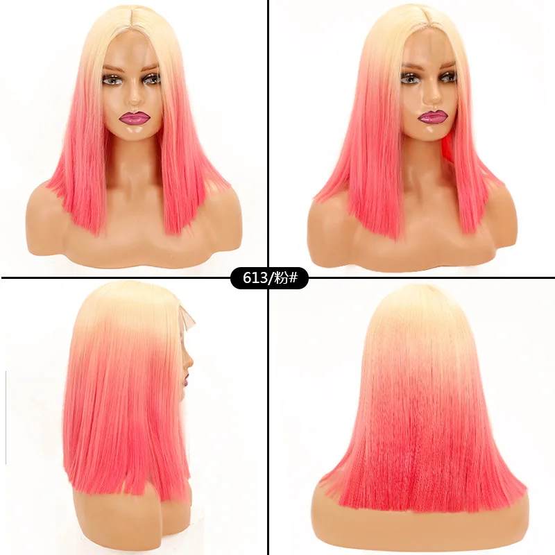 14inch Pink Wigs for Women,Long Straight wigs No Lace Colored Wigs with Bangs,Synthetic Wigs for Daily Cosplay Party Replacement