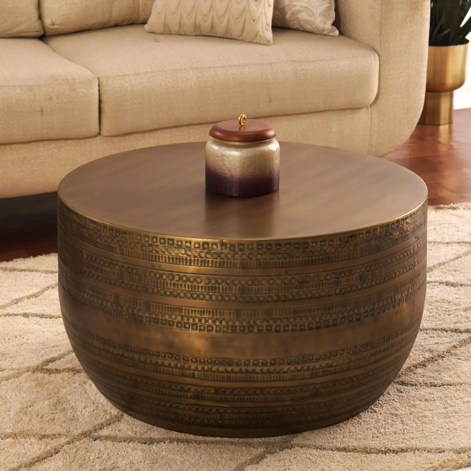 

Modern Round Aluminum Hammered Embossed Texturing Metal Drum Coffee Table, Hand-Stamped Iron, Boho Accent Cylinder Drum Coffee T