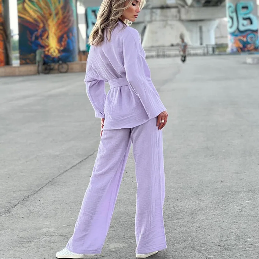 Women\'s Pajamas Solid Cotton Long Sleeve Sleepwear 2023 Casual Turn-Down Collar Nightwear 2 Piece Set Elastic Waist Trousers