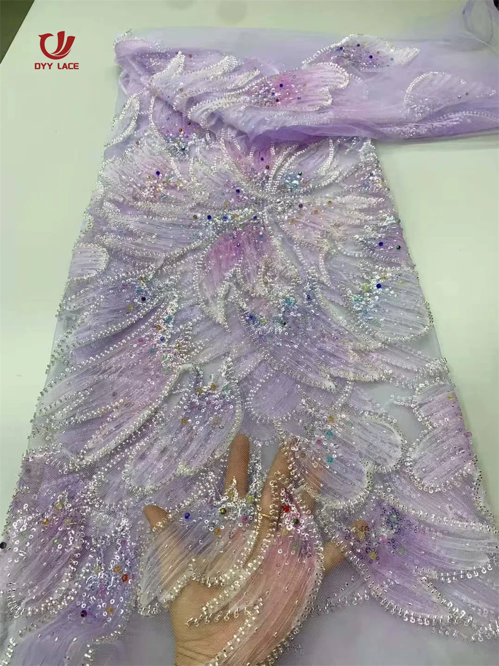 

African Beaded Lace Fabric 2025 High Quality 5 Yards Nigerian Sequins Groom Flower Fabric Material For Wedding Party Dress