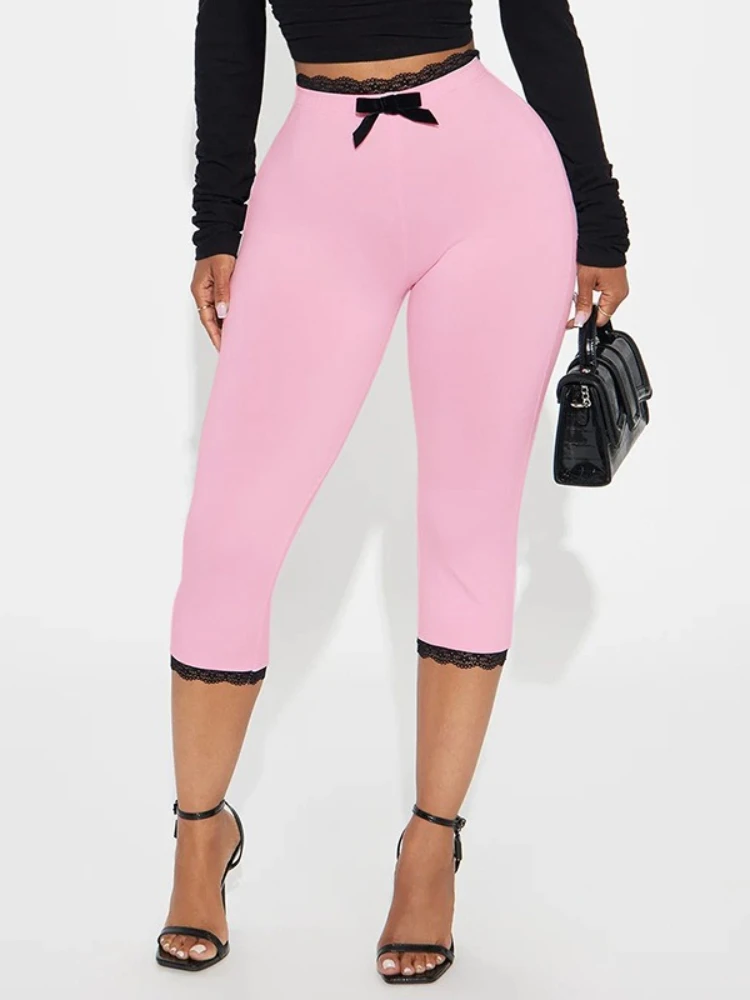 

Sexy High Waist Calf-length Pants Women's 2025 Summer Lace Patchwork Bowknot Leggings Party Night Club Trousers Pink Streetwear