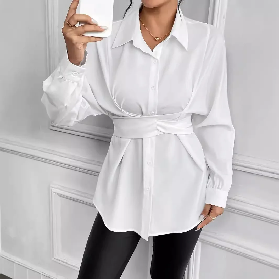 Office Ladies White Shirt Dress Chic Elegant Tunic New Blouse Women Irregular Lapel High Waist  Bow Tie Female Long Sleeve Tops