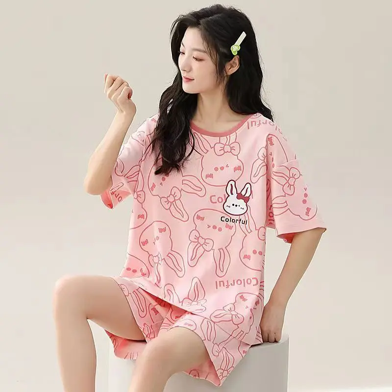 New Girl Short Sleeve Shorts Pajamas Loungewear Set Round Neck Pajamas Student Cartoon Dorm Set Summer Wear Women\'s Loungewear