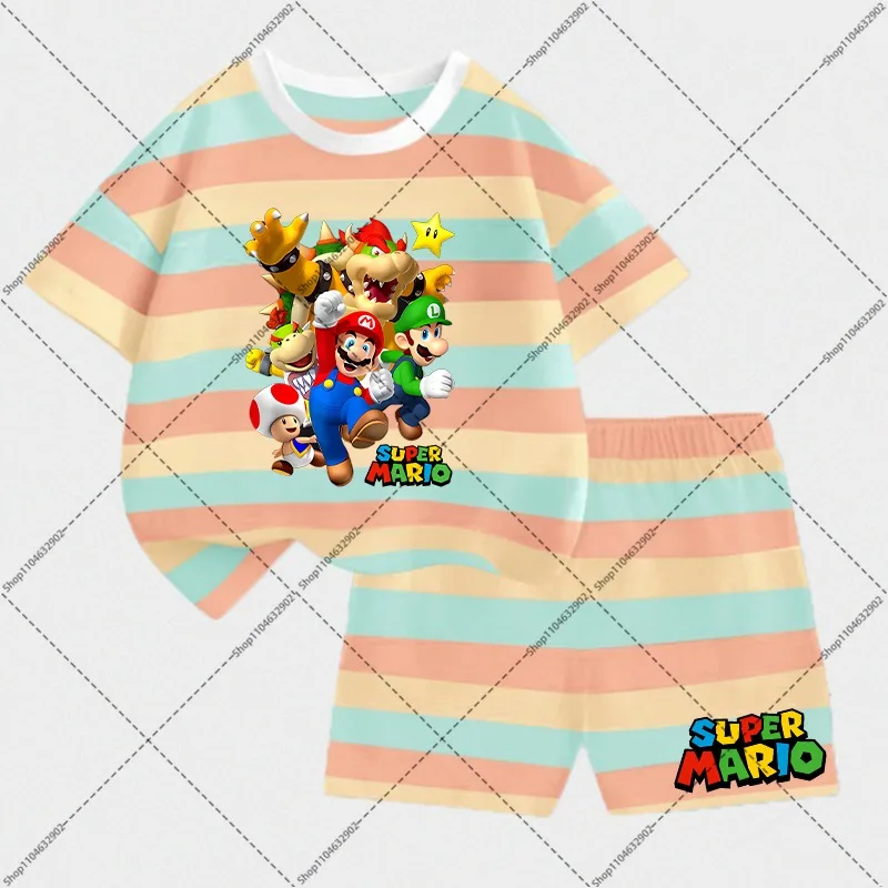 Футболки + короткий комплект Super Mario Bros для мальчиков и девочек, модная детская летняя одежда с короткими рукавами и принтом персонажей принцессы персика