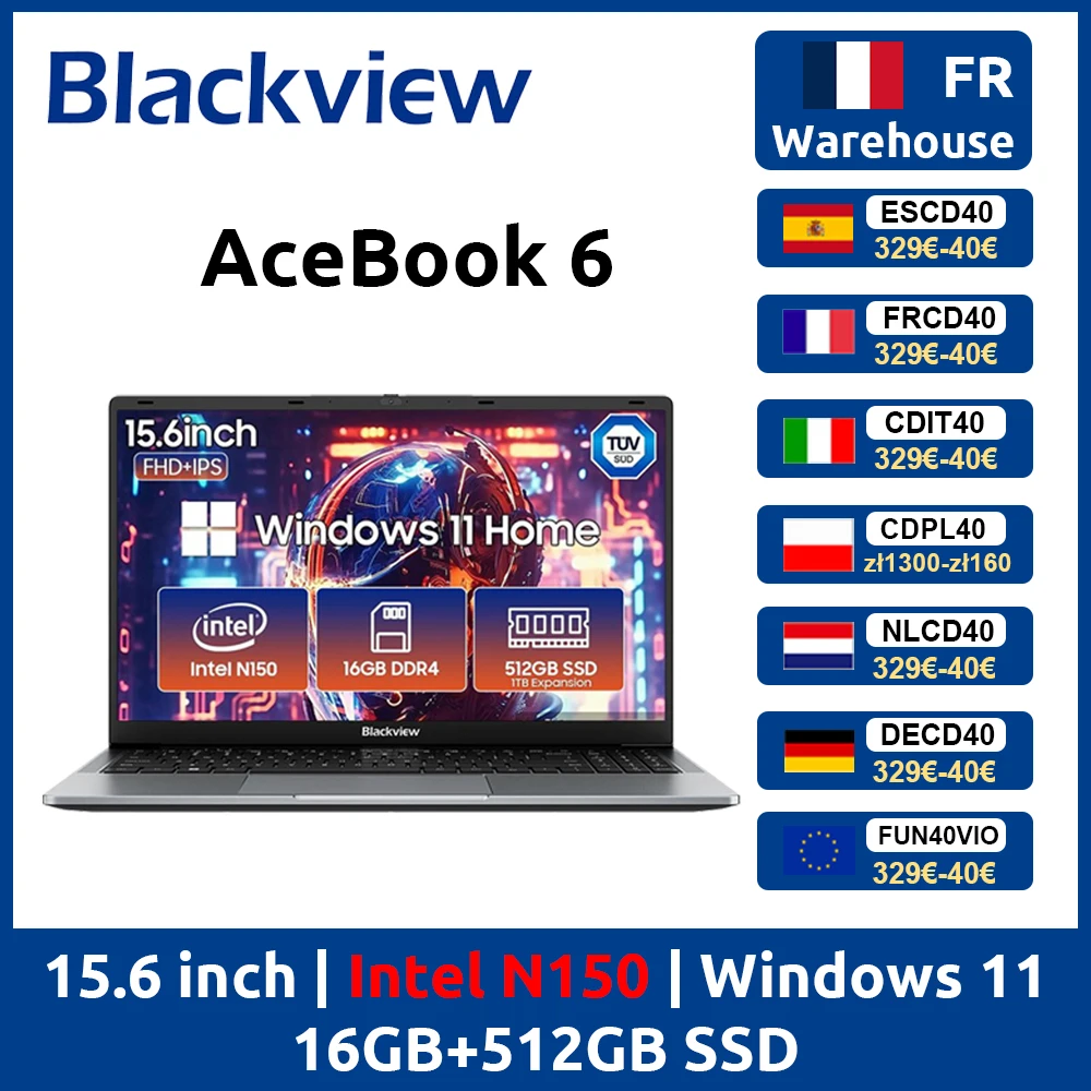 Portátil Blackview AceBook 6 de 15.6 Pulgadas FHD IPS Intel Twin Lake N150, 16 GB de RAM, 512 GB SSD + Expansión de hasta 1 TB, Windows 11 Home