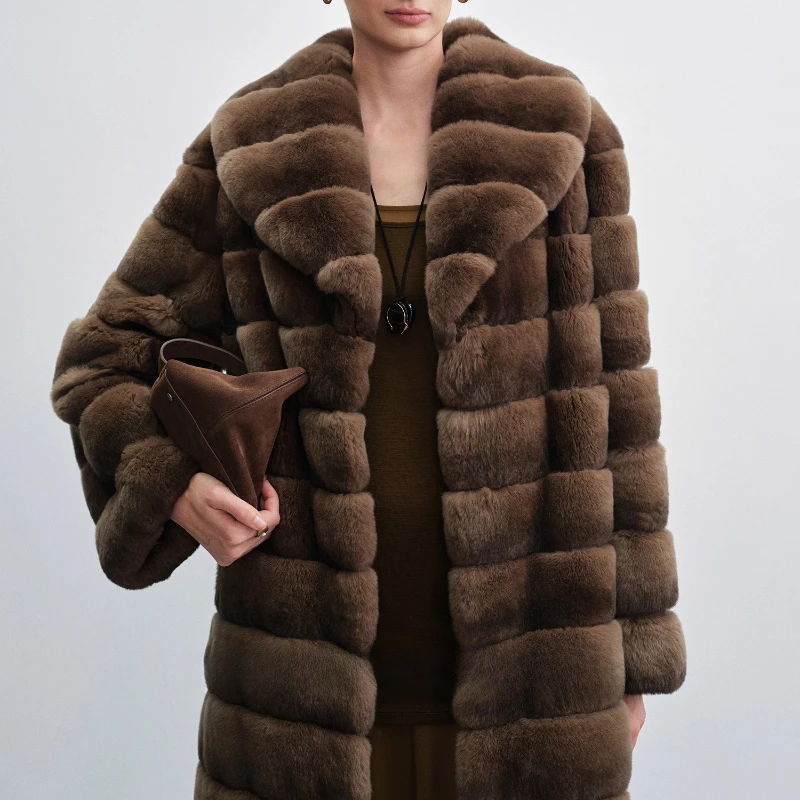 YOLANFAIRY 가을과 겨울 신상품 수입된 전체 렉스 토끼털 코트 라운드넥 긴팔 심플 스타일 퍼 오버코트 2025