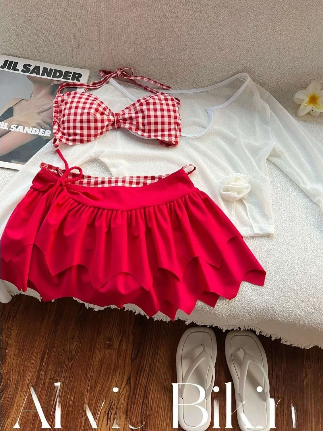 

Retro Red Grid Bikini Set with Cover up for Beach And Hot Spring Vacation Gathered Design Nylon Material Long Sleeve Swimsuit