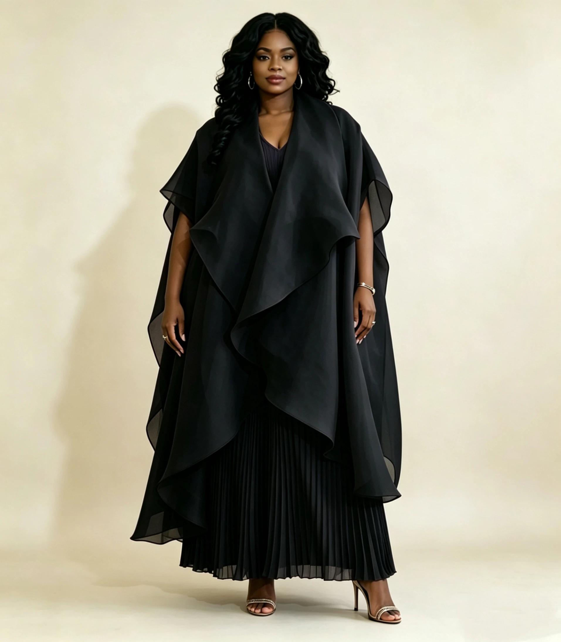 Übergrößen Damen 3-Teiliges Hosen-Set Elegantes Cape-Oberteil und Plissierte Hose Abend-Party-Outfit – Detail 7