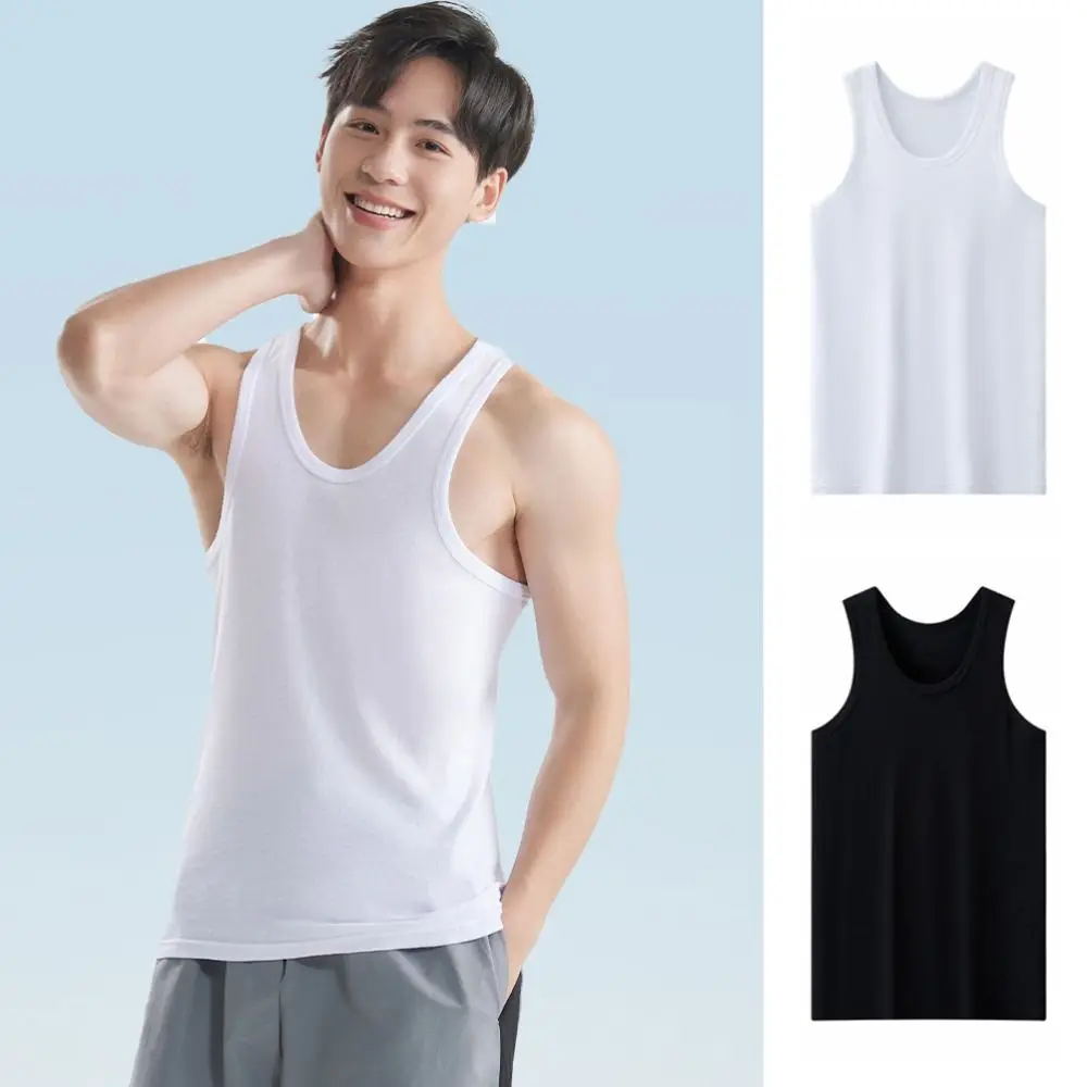 

Breathable Sleeveless Men Cotton Vest Round Neck Solid Color Men’s Tank Top Simple Clothing Men Summer Tight Top Sports