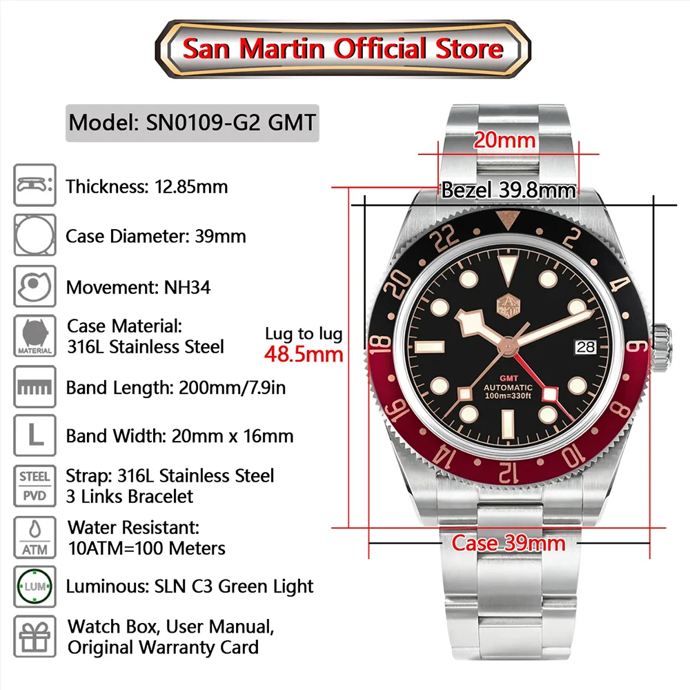 San Martin Original 39mm Classic Retro Mens GMT Automatic Mechanical Watch Luxury Sapphire NH34  3H Date Waterproof 100m Watches