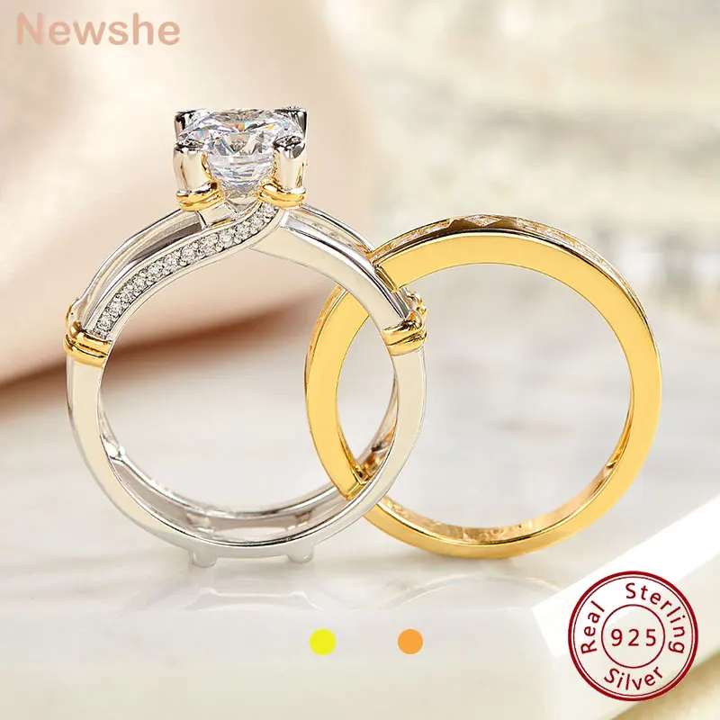 Newshe 925 Sterling Silver Engagement Rings Set for Women Yellow Gold Wedding Band Round Cut High Grade CZ Jewelry