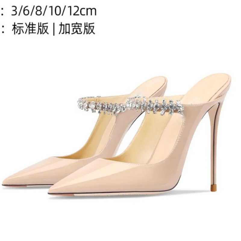 Women's Patent Leather Rhinestone Stiletto Heels Mules Pointed Toe Backless Sandals Elegant Wedding Party Pumps OL Office Shoes