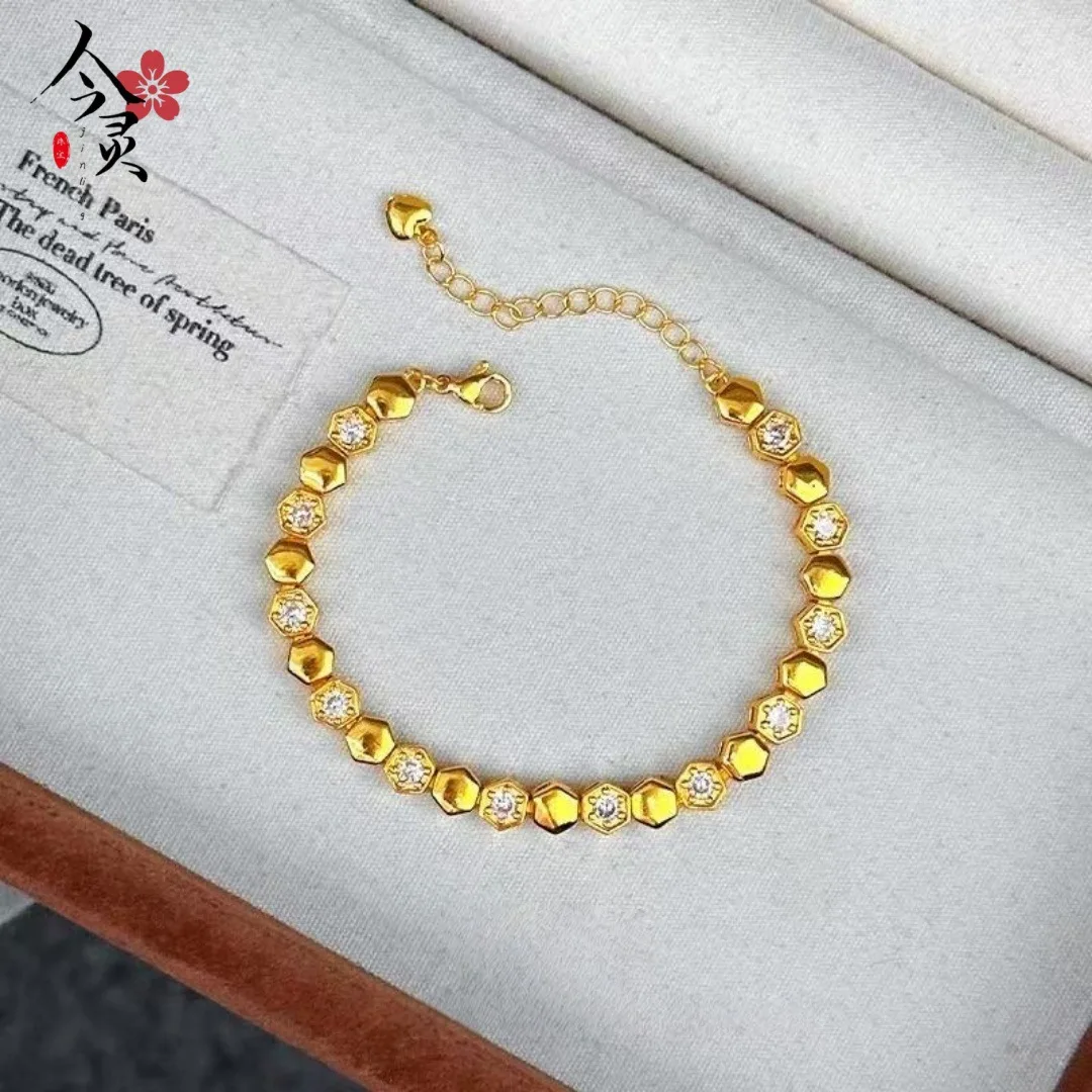 Honeycomb Moissanite Bracelet Women 24K Gold AU999 - Gold enhances honeycomb, moissanite adds sparkle, tasteful wrist accent