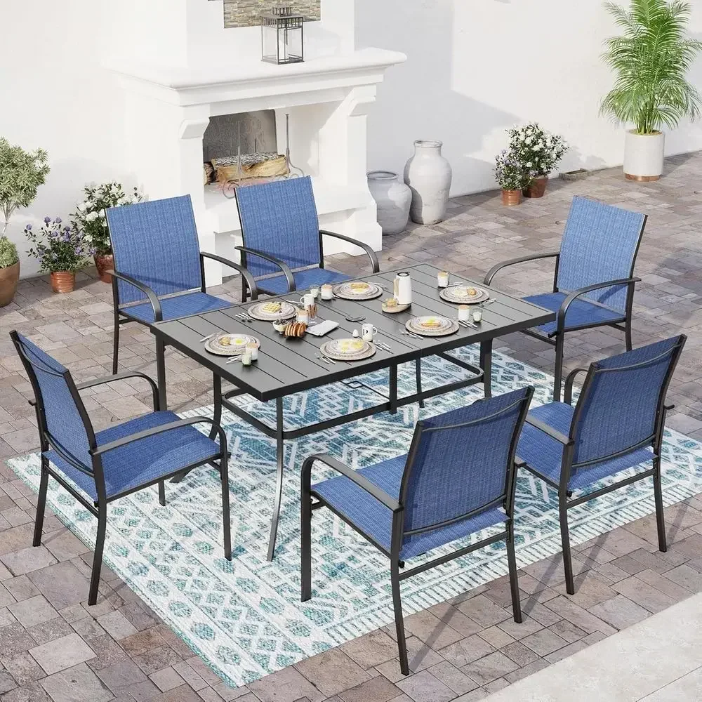 6-Piece Outdoor Dining Set with Blue Metal Table and Chairs, Including Umbrella Hole for Patio, Lawn, or Deck