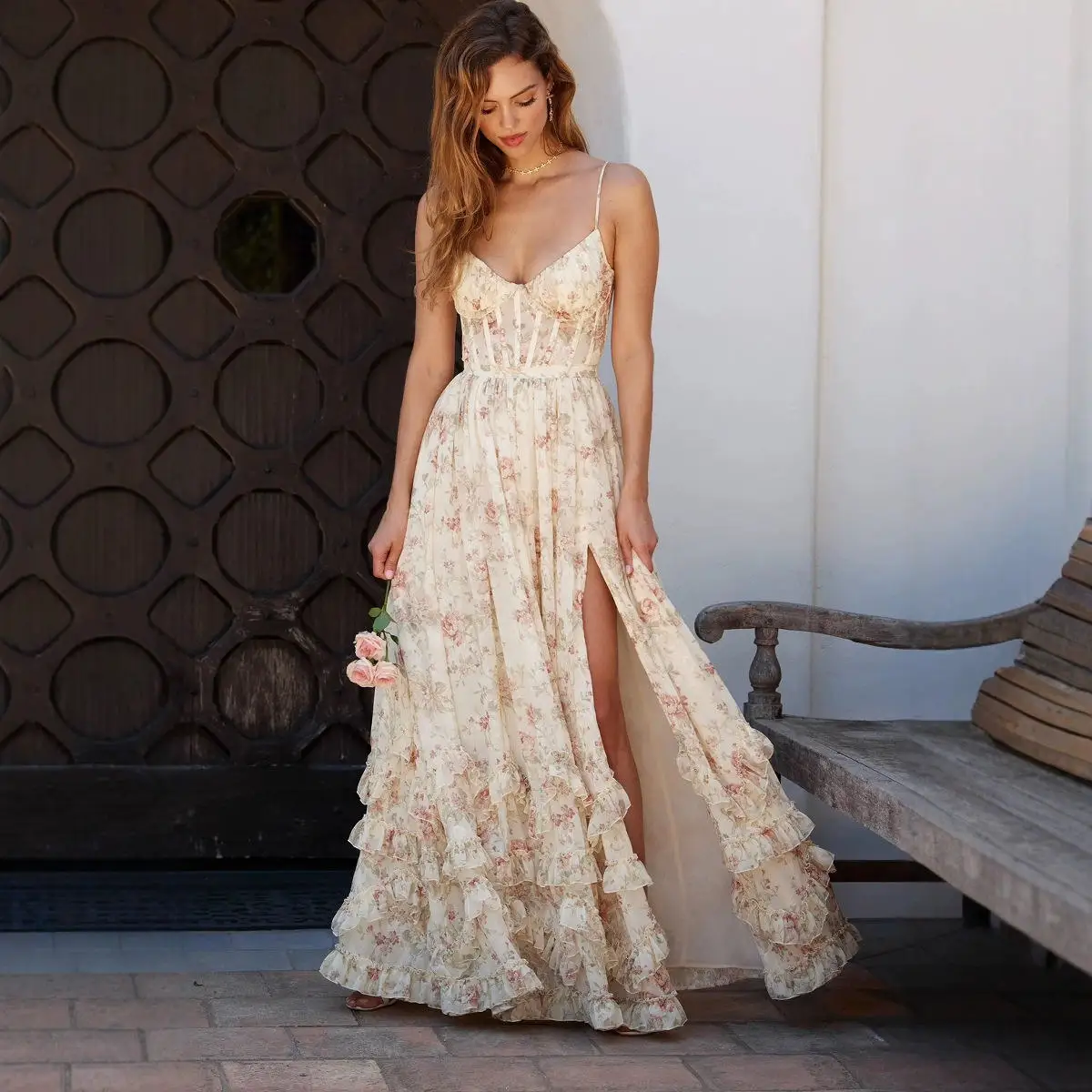 مثير الأزهار طباعة طويلة الدكتور عالية الخصر محطة مستقلة الساخن S المرأة الصيف ثوب الشيفون المواد Svel ثوب