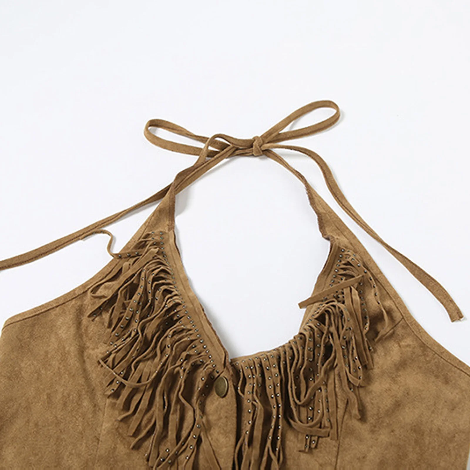 

Women Cowgirl Tassel Lace-up Tank Top Halter V Neck Fringe Single-breasted Cropped Vest Cami Blouse for Club Music Festivals