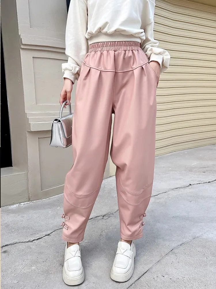 Pantalon en cuir véritable de mouton imprimé Floral pour femmes, sarouel Baggy Vintage, taille élastique, coupe ample, pantalon de jogging Vintage