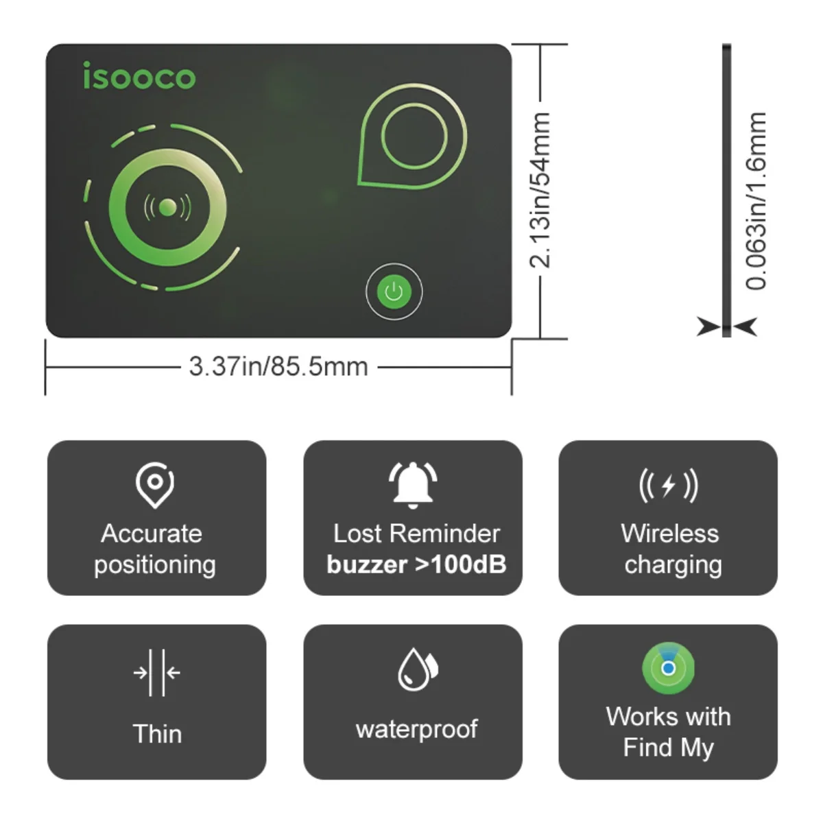 1/2 قطعة بطاقة تتبع بلوتوث للشحن اللاسلكي isooco (iOS فقط، وليس Android)، علامة الموقع الذكي، جهاز تعقب عالمي، مكتشف العناصر