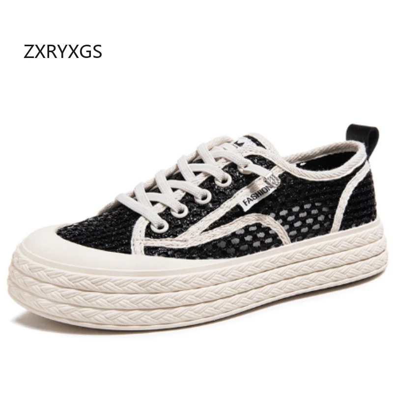 ZXRYXGS 2026 New Summer Premium Microfiber Weaving Hollow Sneakers Breathable Sandals Trendy Shoes Flat Thick Sole Women  Shoes