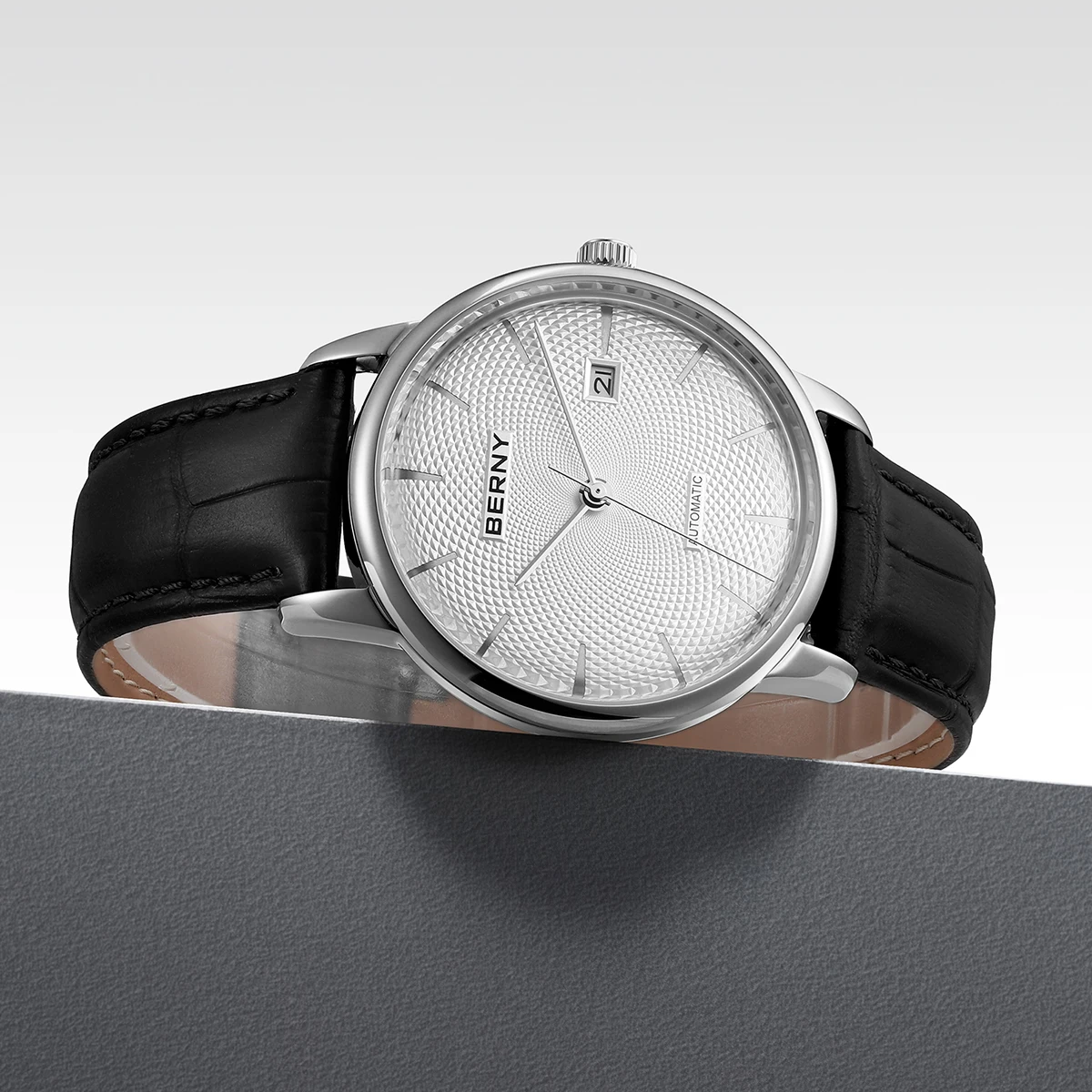 BERNY Automatikuhren für Herren, luxuriöse klassische mechanische Herrenuhr, gewölbtes Glas, Kalender, elegante, schlanke Armbanduhr – Detail 10