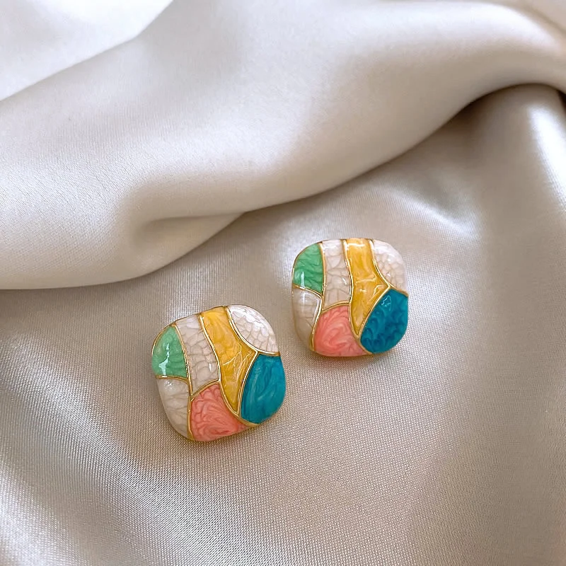 New Premium Candy Colorful Enamel Geometric Square Stud Earrings 2024 Women\'s Fashion Jewelry Party Sweet Accessories for Girls