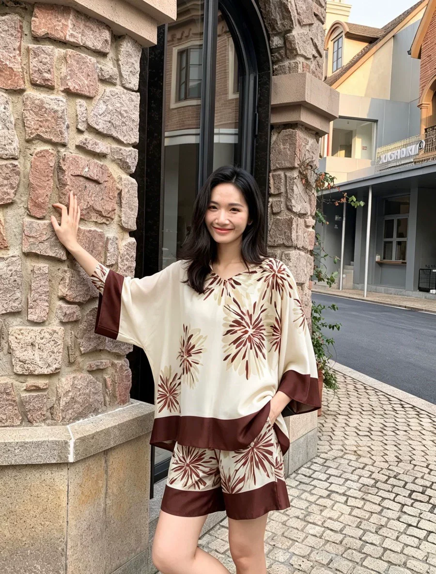 

Hot Sale Summer Top Women's Fashion Beige Printed Cloak Casual Ladies Loose Shirt Silk