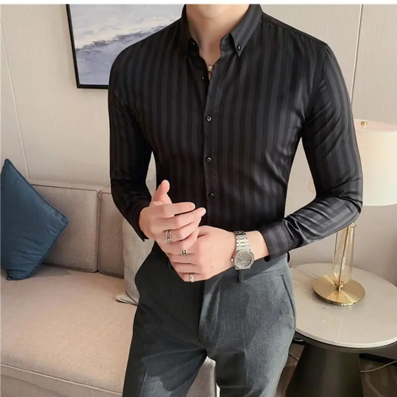 2023 Spring Shirts Men Dress Vertical Stripe Shirts Slim Men Casual Long Sleeve Shirt Male Chemise Homme Tuxedo Shirt