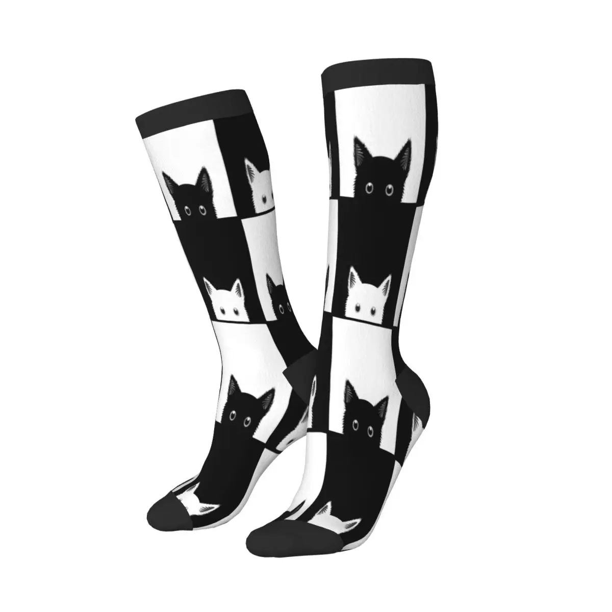 Casual Stockings Black White Cat Chess Board Knee Thigh High Long Socks