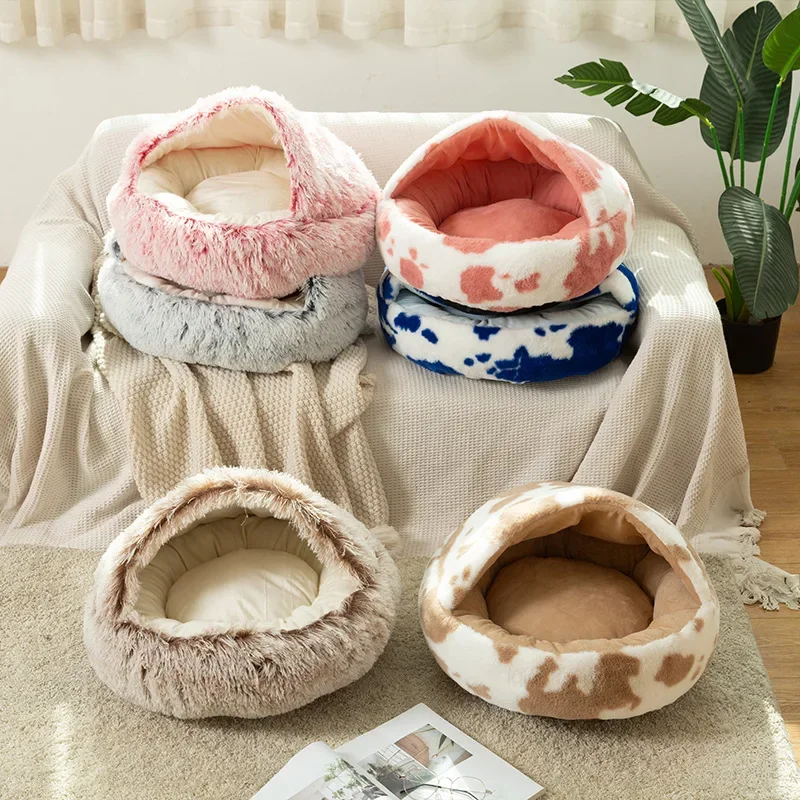 Fluffy Warming Cat Cave Bed Calming Dog Bed Semi-closed House Anti-Anxiety Donut Dog Cuddler Bed Machine Washable Round Pet Bed