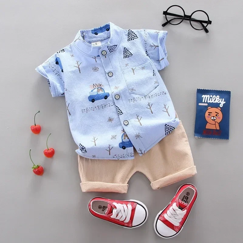 Summer Toddler Set Children Print Bear Short Sleeved Shirt Shorts Sets Baby Boys Outdoor Standing Collar Tops Fashion Kids Suit