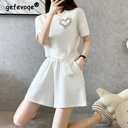 Two Piece Sets for Women Summer Korean Luxury Diamonds Asymmetrical Short Sleeve Crop Tops High Waist Solid Loose Sports Shorts