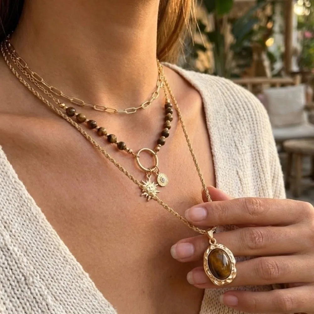 3pcs/set Maillard Color Multi-Layer Necklace Texture Random Geometric Oval Pendant Necklace Set Alloy Sun Pendant Chain Jewelry