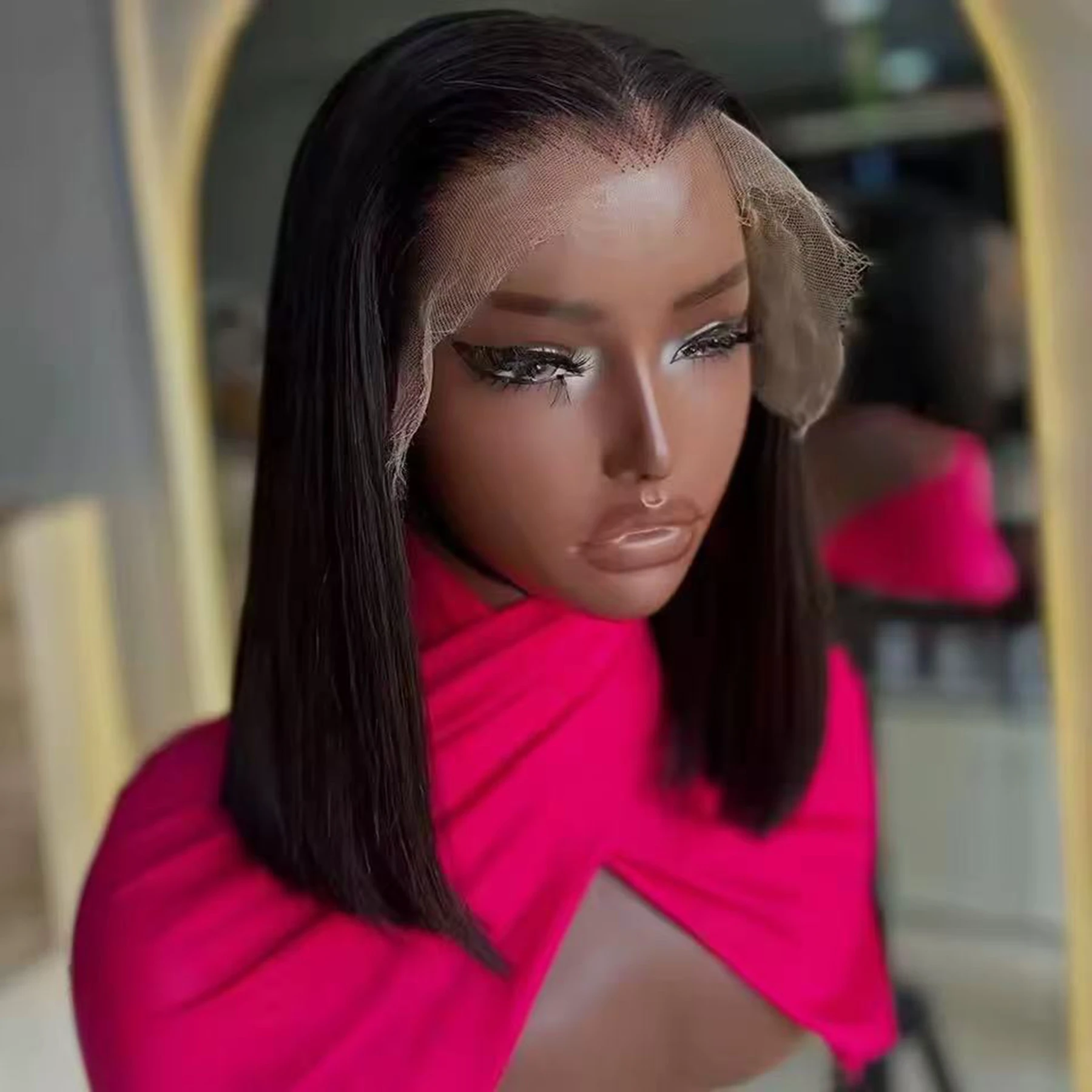 

Short Bob Cut Straight Black Color 13X4X1 HD Lace Frontal Wig For Black Women Synthetic Prepluck Hairline Daily Party Soft Hair