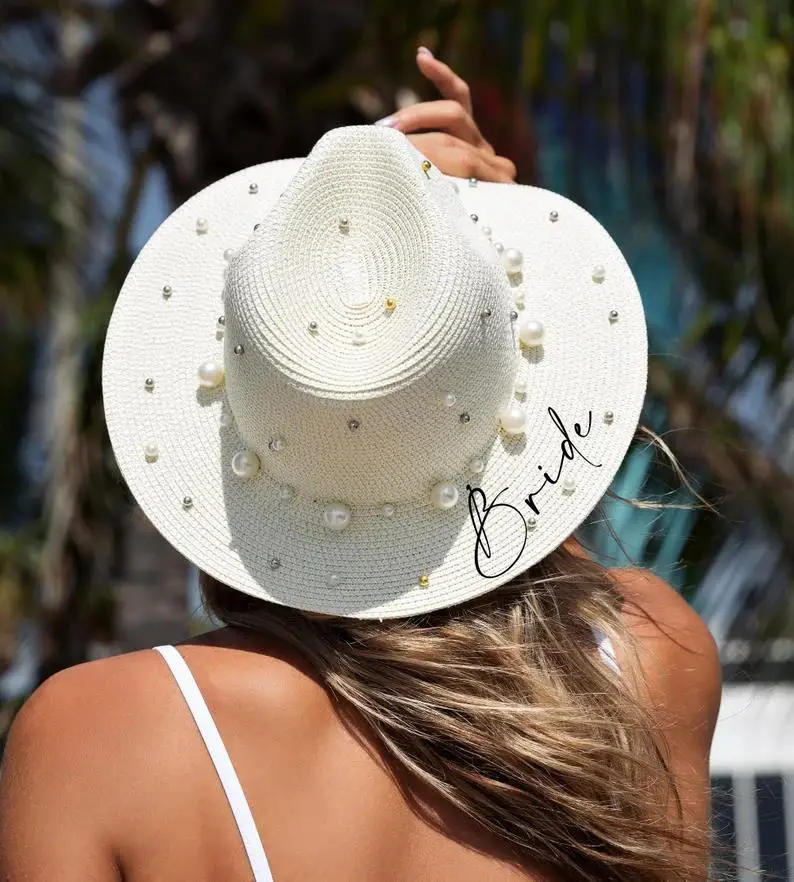 

Bride Squad Pearls Hats Custom Sun Hat with name Cowboy Sun Hats with Pearls Bachelorette Hats with Name Custom Pearl Sun hatss