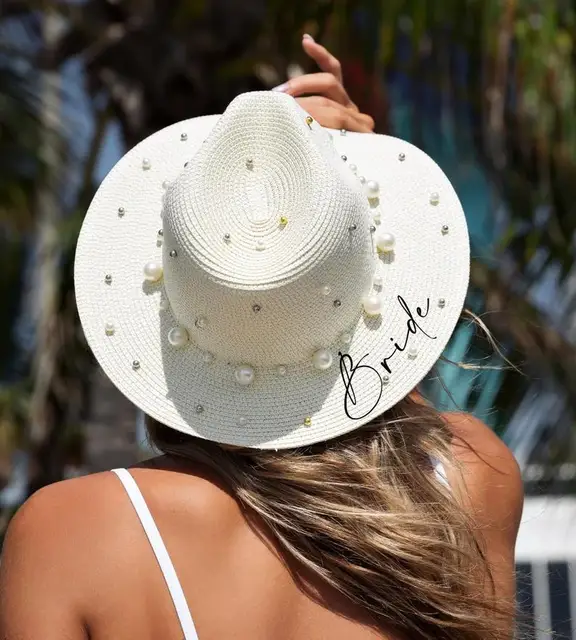 Bride Squad Pearls Hats Niestandardowy kapelusz przeciwsłoneczny z imieniem Kowbojskie kapelusze przeciwsłoneczne z perłami Bachelorette Hats z imieniem Niestandardowe perłowe kapelusze przeciwsłoneczne
