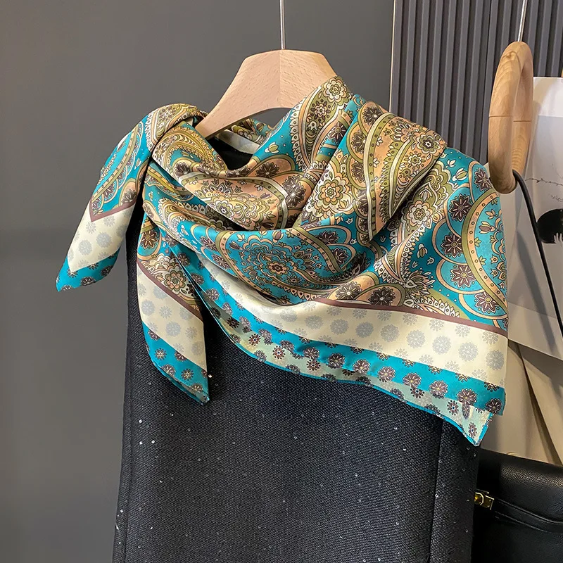 90*90CM Shawl Summer Sunscreen Square Headcloth Female Silk Scarf Fashion High-Grade Kerchief New Print Bandana Popular Muffler