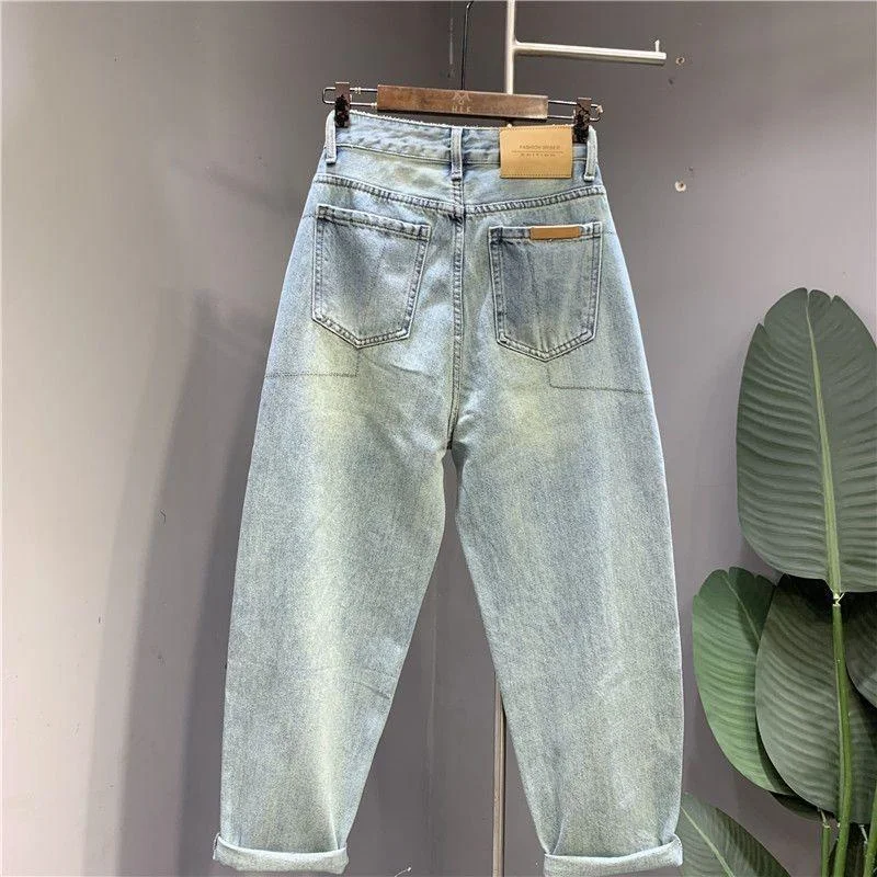 New 2024 Fashion Denim Pants Spring Summer Women Casual All-Match Bead Contrasting Colors Hole Harun Cowboy Pants Female