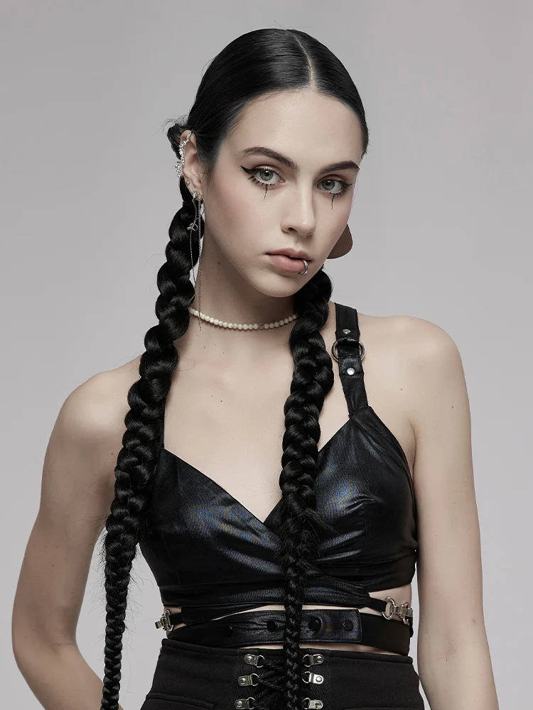 

PUNKRAVE Cross Back Elastic Strap Vest Women's Summer Outdoor Wear Sexy Faux Leather Low Chest Hollow Short Top