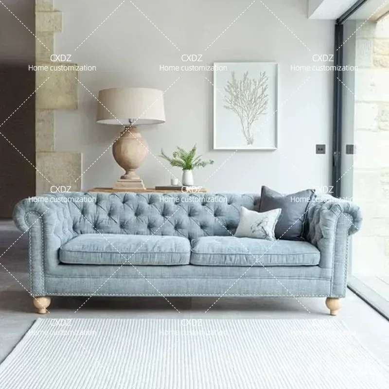 Retro Fabric Buckle Sofa Light Luxury Ginger Solid Wood Straight Row Three Person Sofa
