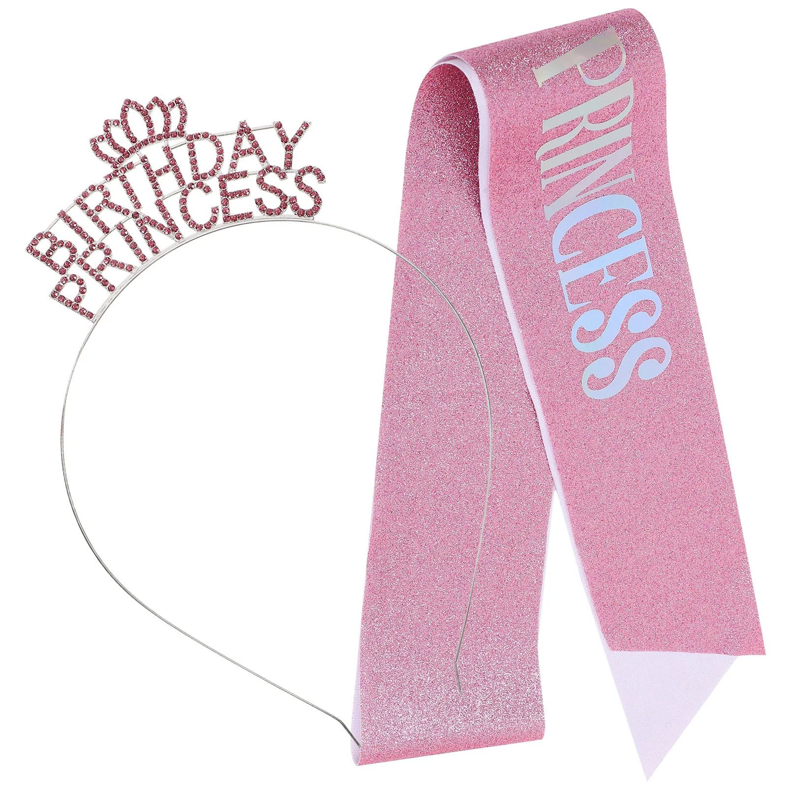 

Princess Crown Headband Birthday Sash Pink Set Shiny Rhinestone Headdress Girls Accessories Hair Tool