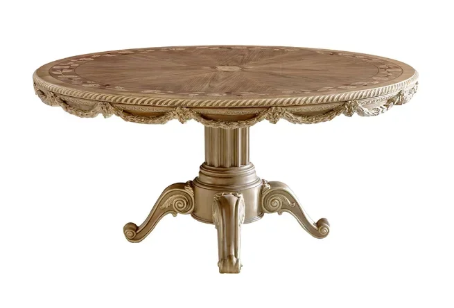 

Solid Wood Carving Flower Round Dining Table French Court Light Luxury Dining Chair European Style