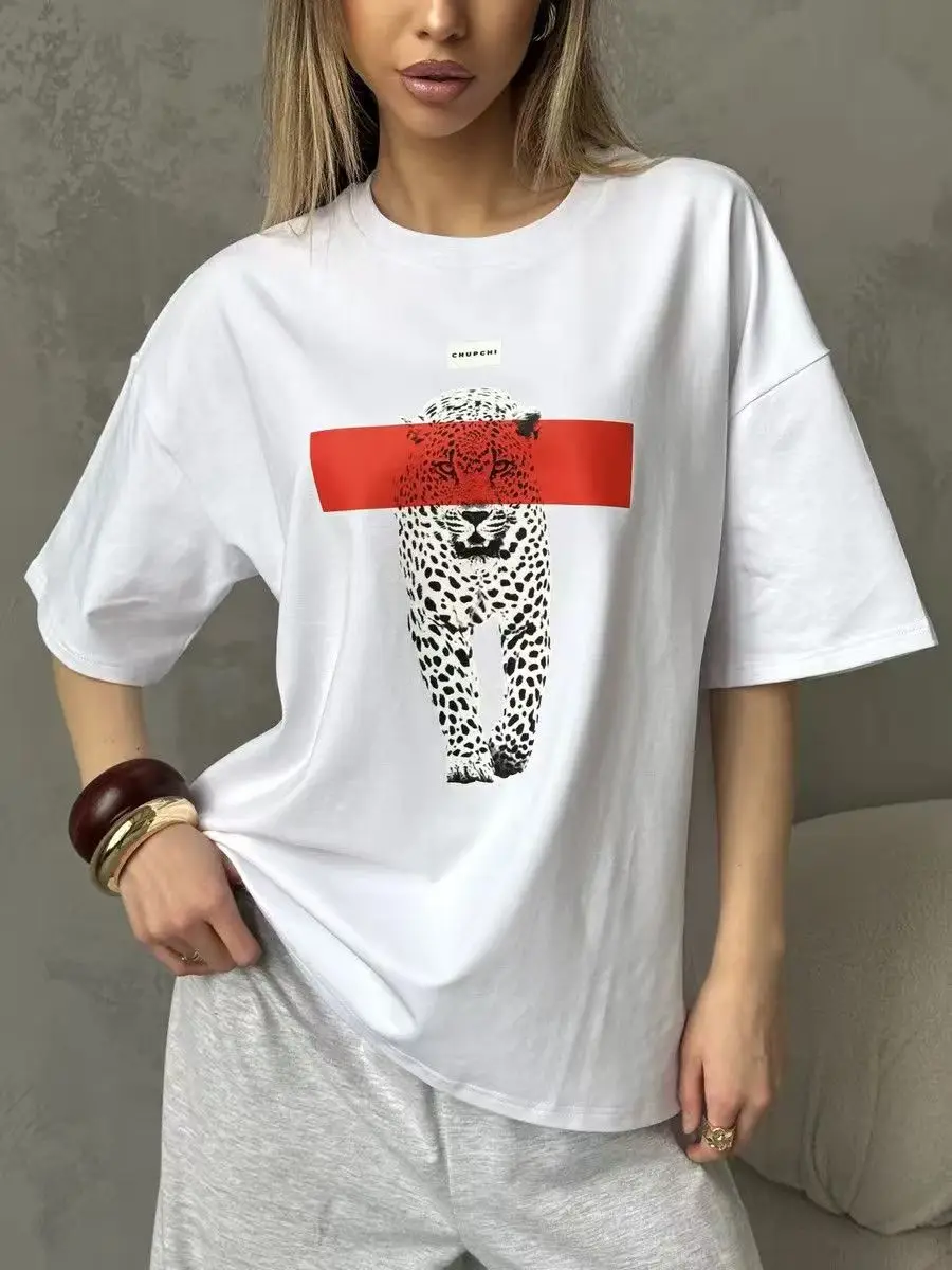 Street Trendy Leopard Letter Printed Graphic Tee Women Clothing 100% Cotton Y2k Aesthetic Comfortable Summer 2026 Female Tshirt
